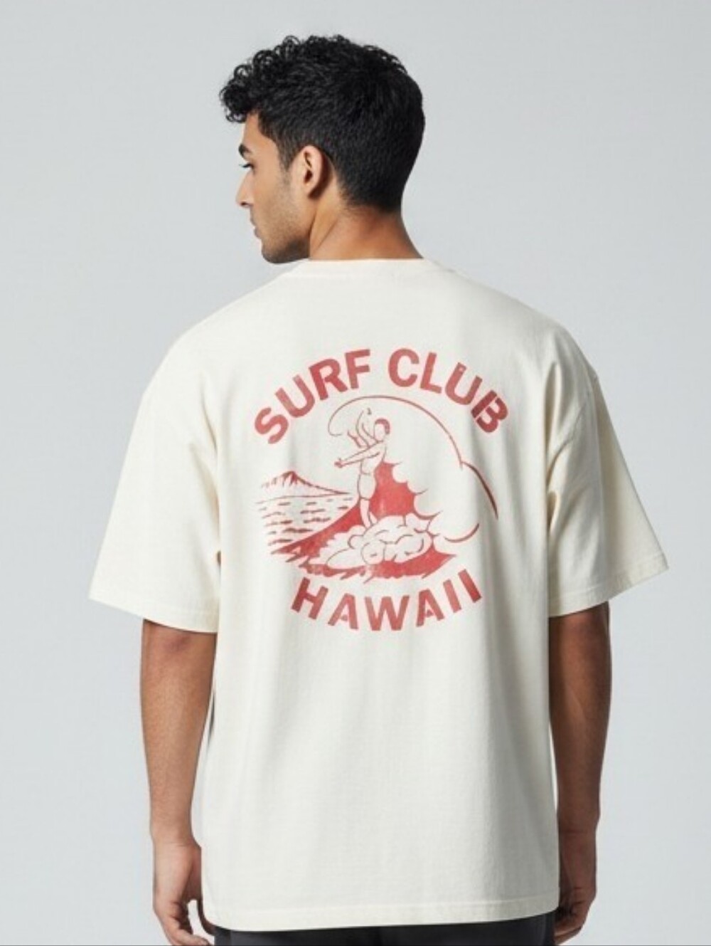 Surf Club Hawaii Short-Sleeve Cream Tee With Rear Surfer Graphic